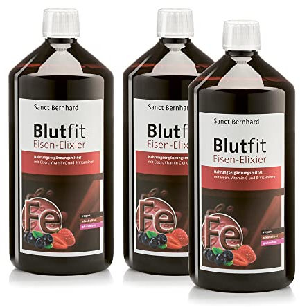 Sanct Bernhard Blutfit Eisen-Elixier 3x 1000 ml | Eisen Hochdosiert | Mit Vitamin C und B-Vitaminen | Für Blutbildung bei Eisenmangel, Energiestoffwechsel und Immunsystem | Made in Germany