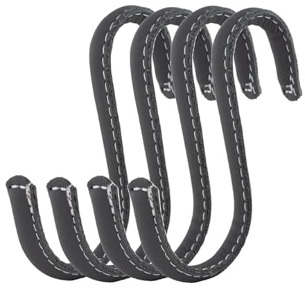 Brute Strength – S-Haken mit Lederummantelung – Grau – 4 Stück | 10 cm S-Haken aus Edelstahl, mit Vollnarbenleder umwickelt; für Küche, Kleiderschrank, Werkstatt und Bad