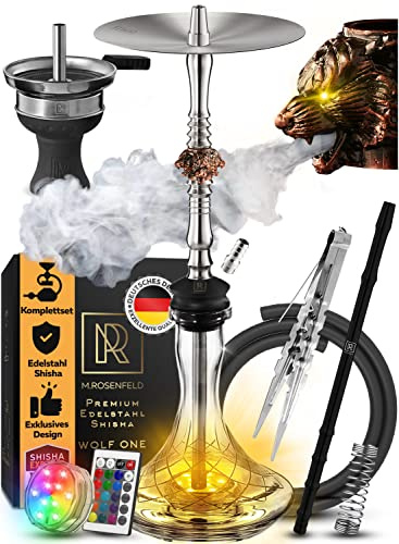 M. ROSENFELD Juego completo de cachimba – Acero inoxidable con flujo de aire único gracias a 3 nobles cabezas de lobo de cobre – Accesorios de calidad + posavasos de luz LED (Nero)