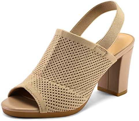 mysoft Women's Knit Chunky Block High Heels Elastic Slingback Open Toe 3 Inch Heeled Sandals,Almond,8 US