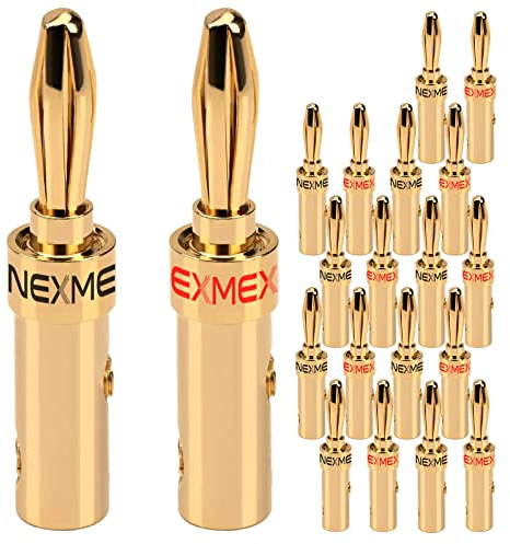 NEXMEX Bananenstecker 4mm schraubbar für Lautsprecherkabel - 20 Stück Steckverbinder als Set - Stecker 24K vergoldet - für HiFi Receiver