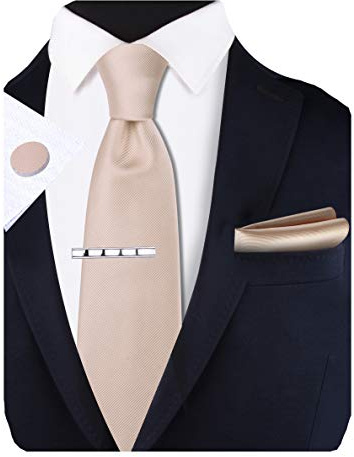 Gusleson Men's Solid Silk Tie Champagne Ties for Men Necktie Clip Pocket Square Cufflinks Sets (UK6101-10)