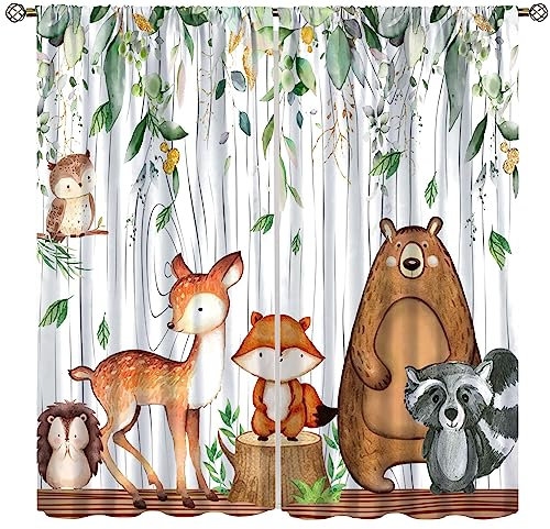 Vorhänge mit Waldtieren, Aquarell, Wildtiere, Bär, Fuchs, Hirsch, Kinder, Fensterbehandlungen für Wohnzimmer, Schlafzimmer, grüner Waldbaum, Kindervorhänge, 2 Paneele, 140 x 160 cm