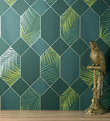 GAULAN 681285 Papier peint lessivable géométrique hexagones avec des feuilles tropicales pour mur salon chambre couloir salle à mange tête de lit - Rouleaux de 10 m x 0,53 m