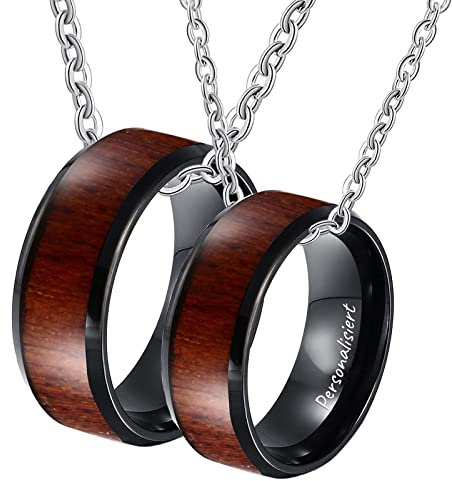 Wolfram Partner Ketten mit Ring Anhänger, 2Pcs Partner Ketten Set Holz, Schwarz Braun für Frauen Männer (Breite 8MM, Länge 60cm/ 50cm, Damen 54 Herren 62)