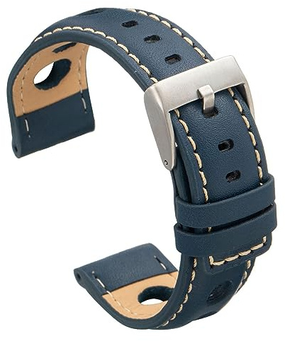 diloy Correa para reloj de cuero vacuno perforado estilo rally racing – Diseño deportivo – Tallas 20mm 22mm 24mm – Negra, marrones, burdeos o azul marino P355 Azul 22mm