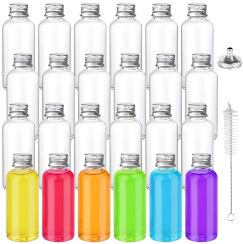 24 Pcs Mini Plastic Juice Bottles with Lids 60ml Small Ginger Bottles with Mini Funnels and Brush Refillable Empty Shot Bottle Clear Reusable Miniature Alcohol Bottle for Ginger Juice Essential Oil