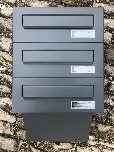 ALSTEN TECH 3er Dreifach Mauerdurchwurf Briefkasten für Mehrfamilienhaus oder Büro - Briefkastenanlage zum Einmauern - 3 Familienhaus 3fach Namensschild Anthrazitgrau Matt RAL7016 Einbaubriefkasten