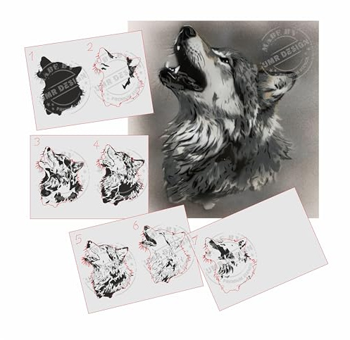 UMR-DESiGN AS-363 Wolf Step by Step Schablone für Acryl, Airbrush, Spray, Lacke und Wandfarbe
