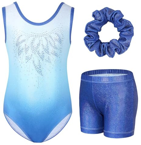 Gogokids Mädchen Drei Teiliges Gymnastikset, Ärmelloser Gymnastikanzug mit Shorts und Haarband, Ballett Tanzender Leotard Gymnastik Outfit mit Funkelnde für Mädchen, Ärmellose Trikots für 6-7 Jahre