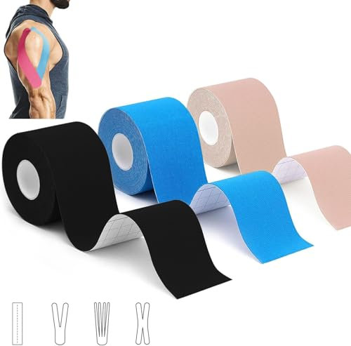 3 Rollen Kinesiologie Tape (5m x 5cm), Profi Kinesiotapes Physio Tape Sport Tape Set, Wasserfeste & Hautfreundliche Kinesiotape, für Muskelunterstützung, Knieschmerzen, Ellenbogen und Schulter