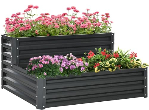 Outsunny Letto per Orto Sopraelevato a 2 Livelli 120x101x58cm Grigio Scuro | Fondo Aperto, Orto Rialzato in Acciaio, per Piante con Radici Lunghe