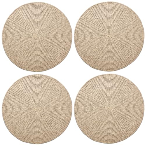 Encasa XO Esszimmer - Tischsets Set aus 4 | Runde Baumwoll-Platzsets - 33 cm Durchmesser | Beige | Handgefertigter Rippstil