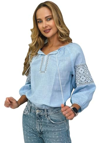 Vyshyvanka de lino azul para mujer con bordado azul y blanco | Blusa tradicional ucraniana de manga larga ropa étnica, azul, XL