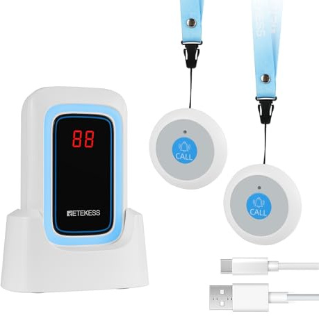 Retekess TH109S Botón Llamada Emergencia, Llamada Inalámbrico para Ancianos, 850 Pies de Alcance, Portátil Fácil de Usar, Alarmas Personalizables, Atención Domiciliaria (2 Botones y 1 Receptor)