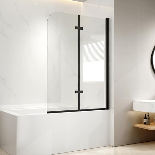 EMKE Duschwand für Badewanne Faltbar 110x140cm, 2-teilig, Schwarz | 6 mm Sicherheitsglas, Beidseitig nano-beschichtet, Platzsparend, Wasserdicht, Pflegeleicht, Aluminiumrahmen