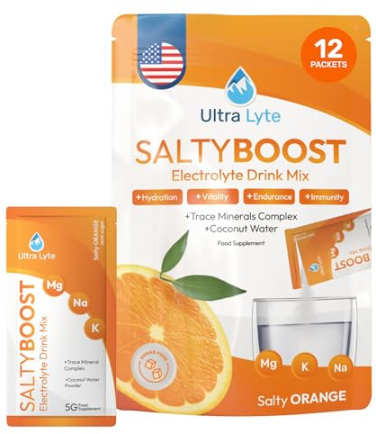 Ultra Lyte Electrolytes Drink Mix Sachets - Sugar-Free Electrolytes Powder with High Sodium, Trace Minerals and Coconut Water - Rehydration for Fitness (12 Sachets, Salty Orange)