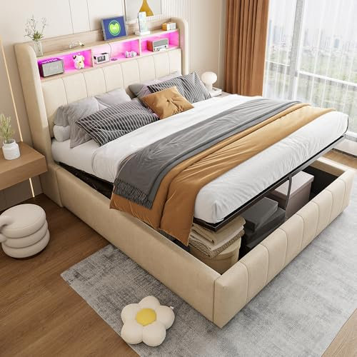 Gegtuon Polsterbett Bett 140x200 mit USB-LED-Licht, Doppelbett mit Hydraulisch Stauraum und Kopfteil, Stauraumbett Bettgestell Jugendbett mit Lattenrost für Schlafzimmer, ohne Matratze, Beige, Leinen