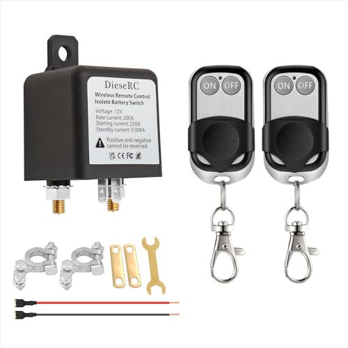 DieseRC Interruttore di Disconnessione Della Batteria del Telecomando Senza fili, Ricevitore Relè DC 12V 200A Isolatore Batteria per auto con 2 Trasmettitori, Interruttore Antifurto per Evitare