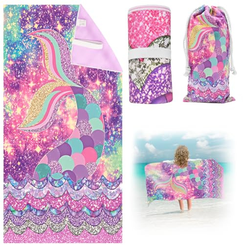 Cyiecw 75x150 cm Meerjungfrau Strandtuch für Mädchen, Schnell Trocknend Strandhandtuch mit Tasche, Mikrofaser Badetuch Ultra Saugfähig für Strand Reise Schwimmen (1)
