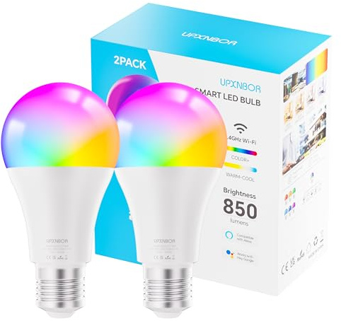 UPXNBOR Bombilla inteligente E27, bombilla Alexa A19, bombilla inteligente WiFi de 9 W, 16 millones de colores, RGB regulable, funciona con Alexa y Google Assistant, horario y temporizador, ahorro de