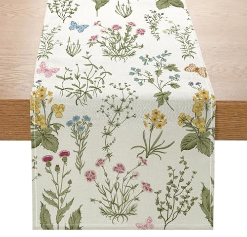 Bordslöpare med blommor, vår, bordsdekoration med vilda blommor, vattentät och återanvändbar, bordslöpare för kök, matsal, inomhus, fest, påsk, för dekoration på våren, 33 x 183