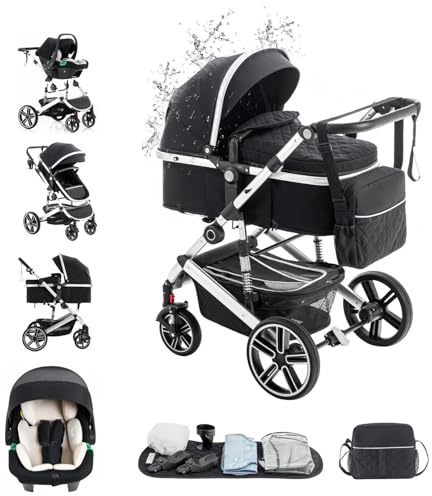 Kakbgee 3 in 1 Passeggino Combinato, Passegginoper Bambini con ECE R129 Seggiolino Auto, Telaio in Alluminio ad alto Campo visivo Baby Stroller (22KG, 0-4 Anni)