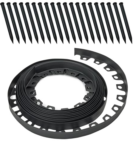 Garronda 10 m 4cm Rollrasenkante 20 Anker Beeteinfassung Kunststoff GD-0158 | Schwarz, Flexibel formbar, als Rasenbegrenzung und Beetumrandung für Gartenwege, Beete und Gartendeko, einfache Montage