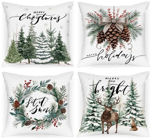 Lanpn Jahrgang Weihnachten Kissenbezug 4 stück, Plüsch Weihnachtskissenbezug 40x40 cm Elch Kranz Weihnachtsbaum Dekor Kissenhülle für Winter Urlaub Heim Zimmer Garten Terrasse Sofa Weihnachtsdeko