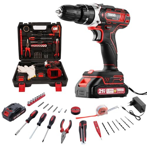 TEENO Destornillador Inalámbrico para Batería Makita de 21V 2 * 2.0 Ah baterías, 45 Nm,2 velocidades,25+1 ajustes de par,luz LED,46 accesorios y maletín,Ideal para trabajos de carpintería.