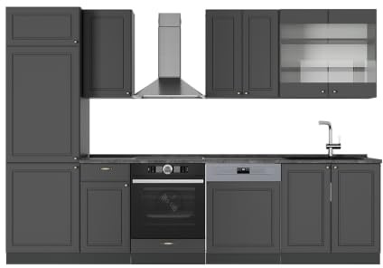 Vicco Küchenzeile Fame-Line, Anthrazit-Gold Landhaus, 300 cm | 8 Module · Höhenverstellbare Füße · Ohne Arbeitsplatte · MDF-Fronten · Softclose · Metallgriffe