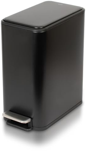 Glad Slim Bathroom Trash Can - Small Garbage Pail with Soft Close Lid & Step Foot Pedal | Narrow Black Metal Waste Basket with Removable Inner Bucket, 2.6 Gallon