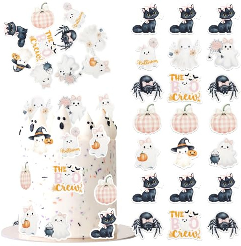 Xsstarmi 60 Pack Edible Happy Halloween Cupcake Toppers Rice Paper Ghost Pumpkin Witch Spider Cupcake Picks for Horrible Baby Shower Kids Birthday Halloween Party Cake Decorations Supplies