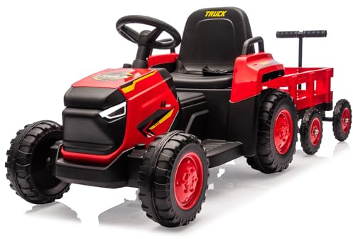 Garvee Tracteur Électrique Enfants avec Remorque Amovible, 12V Voiture Électrique 6 Pneus avec Télécommande, Musique, Double Moteurs, Phares LED pour Enfants de 3-6 Ans (Rouge)