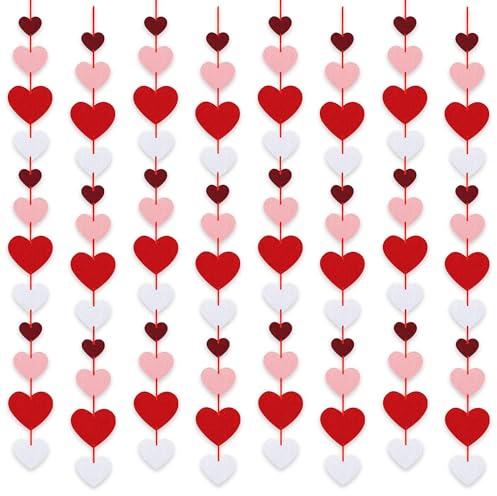 96 PCS Valentines Day Decorations Felt Heart Garland Strings, NO DIY Valentines Hanging Hearts Garland Banner for Home Office Party Anniversary,Burgundy Red Pink White Galentines Day Decorations