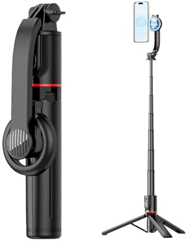 Pied pour Téléphone Portable, Trépied Smartphone Télescopique Magnétique avec Selfie Stick et Télécommande Bluetooth, Compatible iPhone et Android