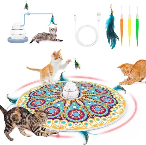 Lopxenu 4-in-1 Interaktive Katzen Spiele, Verbessertes Motor, Automatische Katzenspielzeug - 3 Modi für Innenkatzenspielzeug, Elektronisches Katzenfederküchen Spielzeug (Blau)