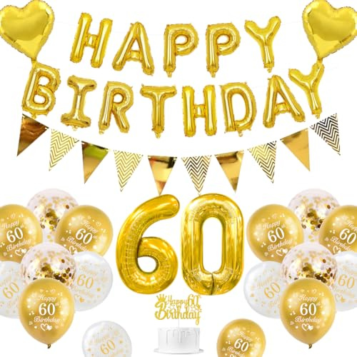 Decorazioni Compleanno 60 anni, Decorazioni Compleanno 60 anni Oro per Uomo Donna Palloncini Striscione Happy Birthday Palloncini Bianco e Oro Metallizzato Palloncino Numero 60 Decorazione per Torta