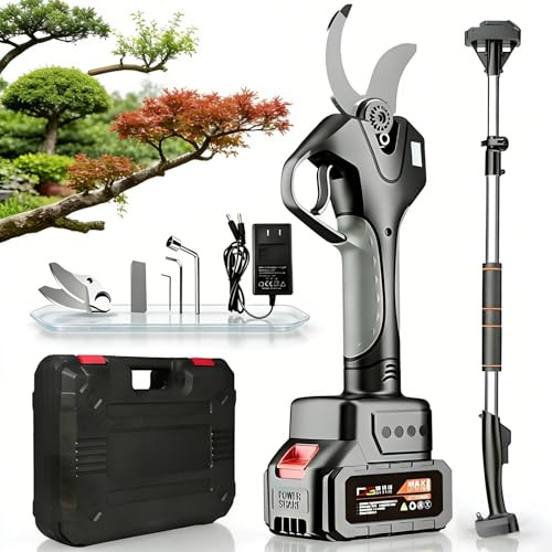 Forbici da potatura elettriche con asta di prolunga, 1000W a batteria con display LCD e lame SK5, diametro taglio 4 cm, potatore per giardino, alberi da frutto e potatura rami(2Battery)