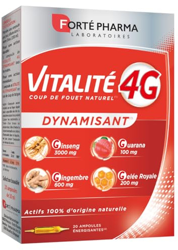 Forté Pharma Coup de fouet naturel Vitalité 4G Dynamisant 20 ampoules | Complément Alimentaire Energie immédiate, Ginseng, Gingembre, Guarana et Gelée Royale, Programme 20 jours