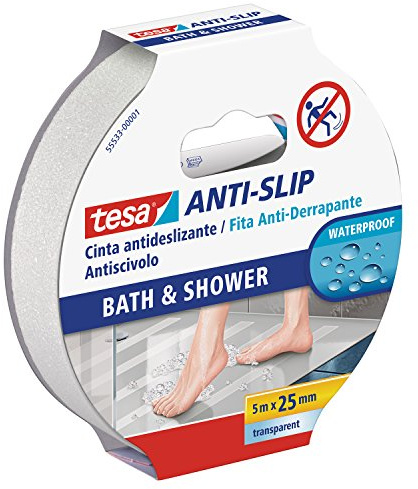 tesa Cinta Antideslizante , Cinta Adhesiva Antideslizante para Interiores y Exteriores , adecuado para Escalones, Rampas y Suelos Resbaladizos , Negro , 5 m x 25 mm