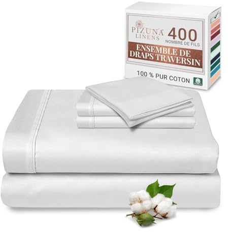 Pizuna Coton Parure de Lit 140x200 cm Blanc 400 Fils | 2 Personne avec Traversin, Satin de Coton Mercerisé 1 Drap Housse, 1 Drap Plat, 2 Taie Oreiller, 1 Traversin