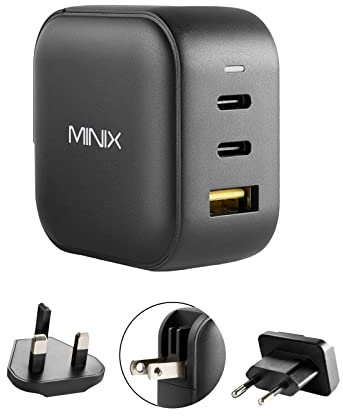 MINIX 66W Turbo 3-Port GaN Wall Charger 2 x USB-C Fast Charging Adapter, 1 x USB-A Quick Charge 3.0, Compatible with MacBook Pro Air, iPad Pro, iPhone 16/15/13/12/11, Galaxy S9 S8 and More (NEO P1)
