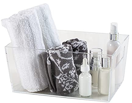 Simplify Medium Multi-Purpose Storage Tote | Plastic Bin with Handles | Bathroom | Office | Kitchen | Organization | Accessories | Toys | Cosmetics | Clothes | Clear