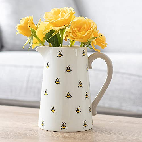 ZALE YARDLEY Ceramic Bee Pitcher Vase with Handle, Perfect for Real or Artificial Flowers, Garden Ornaments, Room Decor, Wedding Gift