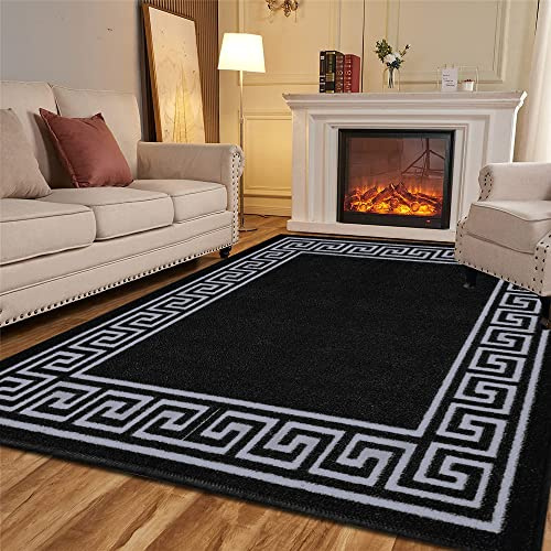 Door Mats Indoor Non Slip Mat Carpet Runners for Hallways Geometrical Border Low Profile Washable Runner Rug for Kitchen, Front Door Hall Hallways Living Room (120 x 170 cm, Black Grey)