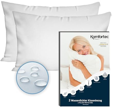 Komfortec Wasserdichter Kissenbezug 40x80 cm 2er Set mit Reißverschluss, Atmungsaktiv, Hypoallergen Kopfkissenbezüge 40x80, Anti-Milben, 2 Stück Kissenschoner 40x80, Weiß