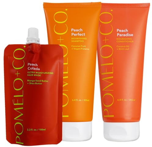 Pomélo+Co. Peach Trio Set - Haarmaske Shampoo und Conditioner für Glanz | Feuchtigkeitsspendende Haarpflege mit reichhaltigen Inhaltsstoffen für trockenes Haar - veganes Paket für mehr Feuchtigkeit