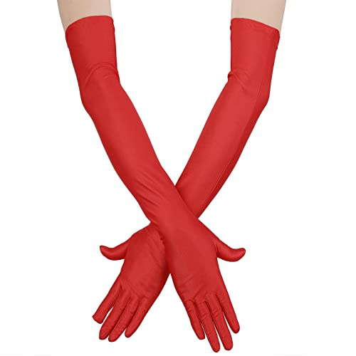 Yolev Lange Handschuhe Damen Satin Fingerhandschuhe Oper Braut Tanzhandschuhe Party Rot Schwarz Beige Weiss Stretch Handschuhe Erwachsene Halloween Handschuhe