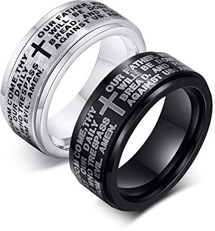 JewelryWe Schmuck 2pcs Fidget Angst Ringe Herren Edelstahl Bibel Gebet Kreuz Anti-Angst Spinner Ring Drehringe Roller Bandringe Stressabbauende Band Gravur Schwarz Silber Größe 54 bis 71